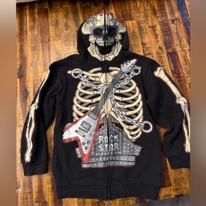 Boys Sz large face zip hoodie! Black skeleton guitar pattern two zippers!